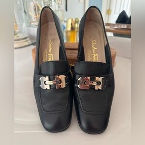 Salvatore Ferragamo Black Loafers with Silver Buckle